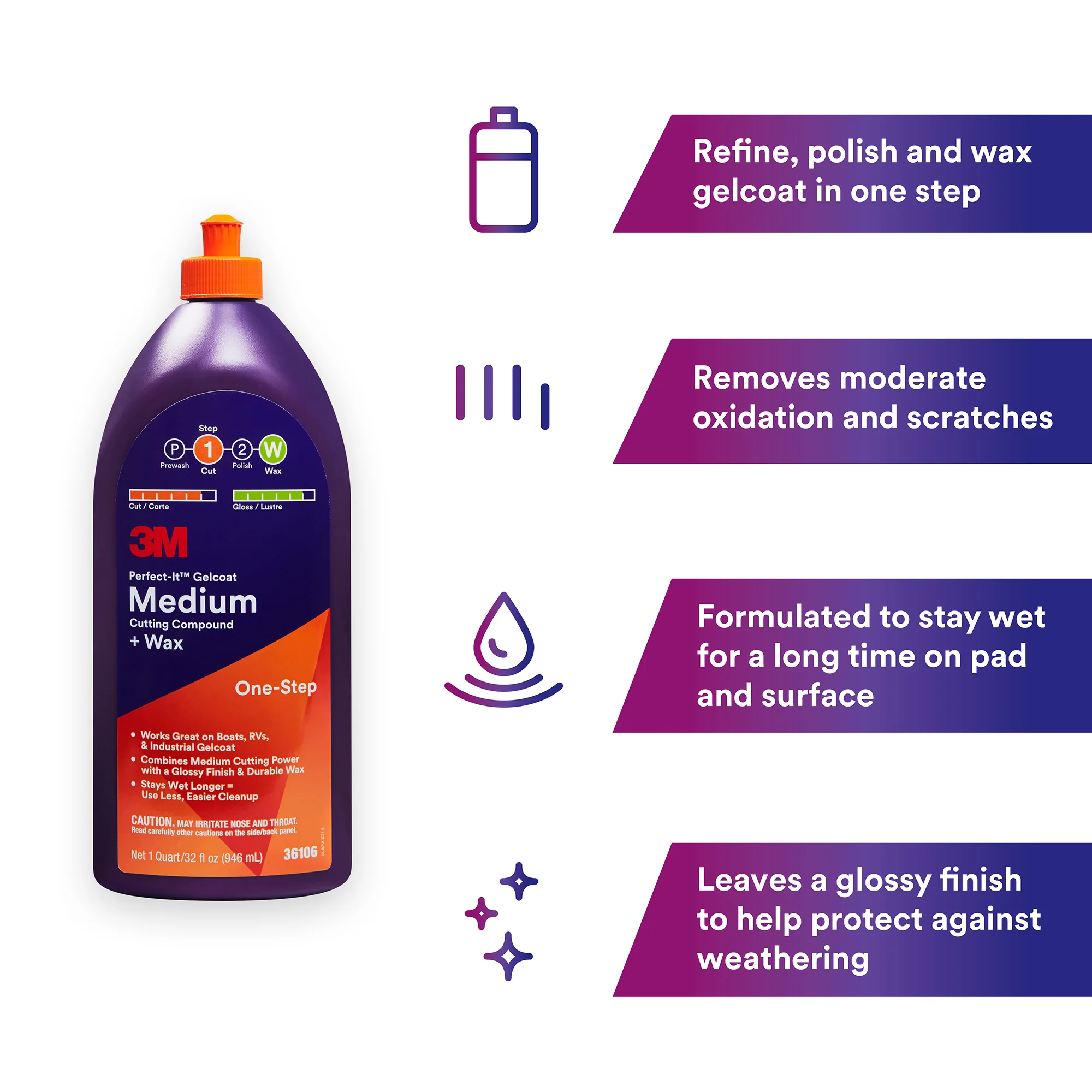 3M Perfect-It Gelcoat Medium Cutting Compound + Wax, 36106 - 32 oz. - Image 2